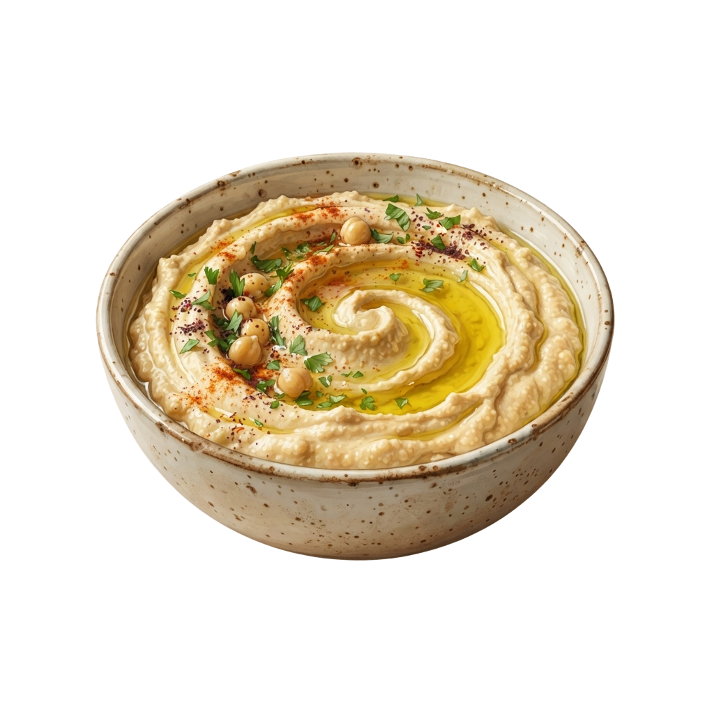 Bowl of creamy hummus topped with chickpeas, olive oil swirl, and parsley garnish