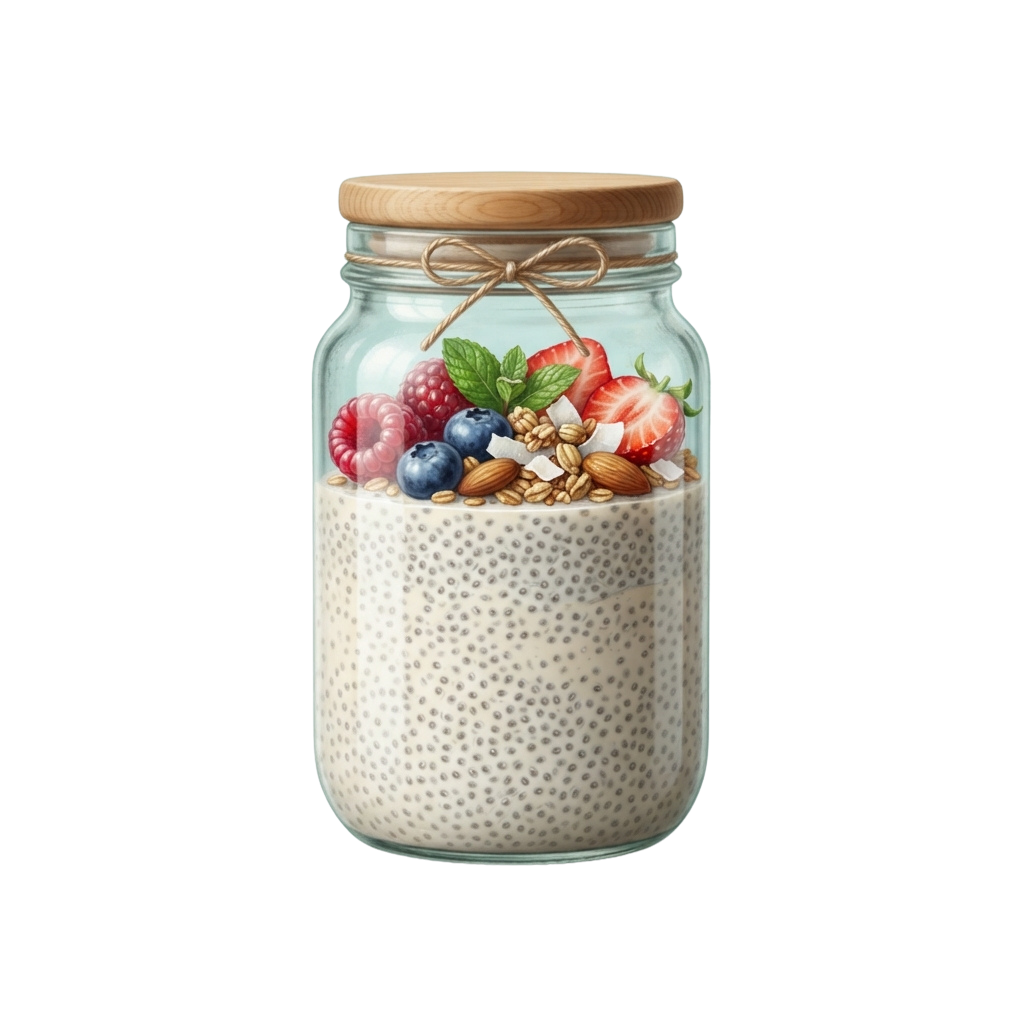 Glass jar with overnight oats topped with fresh berries, nuts, and seeds, sealed with a wooden lid and twine.
