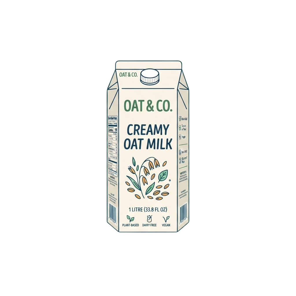 Carton of creamy oat milk showing plant-based, dairy-free, and vegan icons with oat illustrations