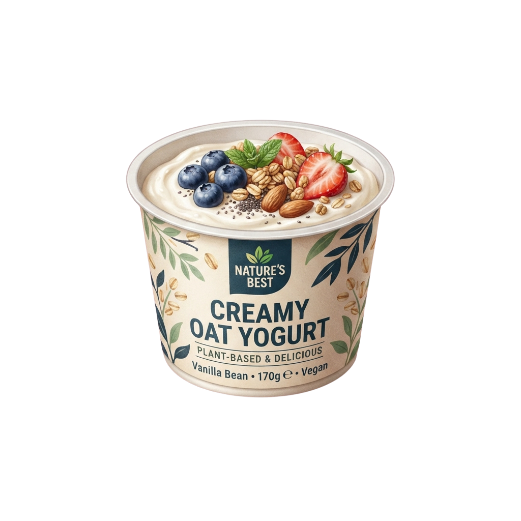 Creamy vanilla oat yogurt in a container topped with strawberries, blueberries, almonds, and seeds