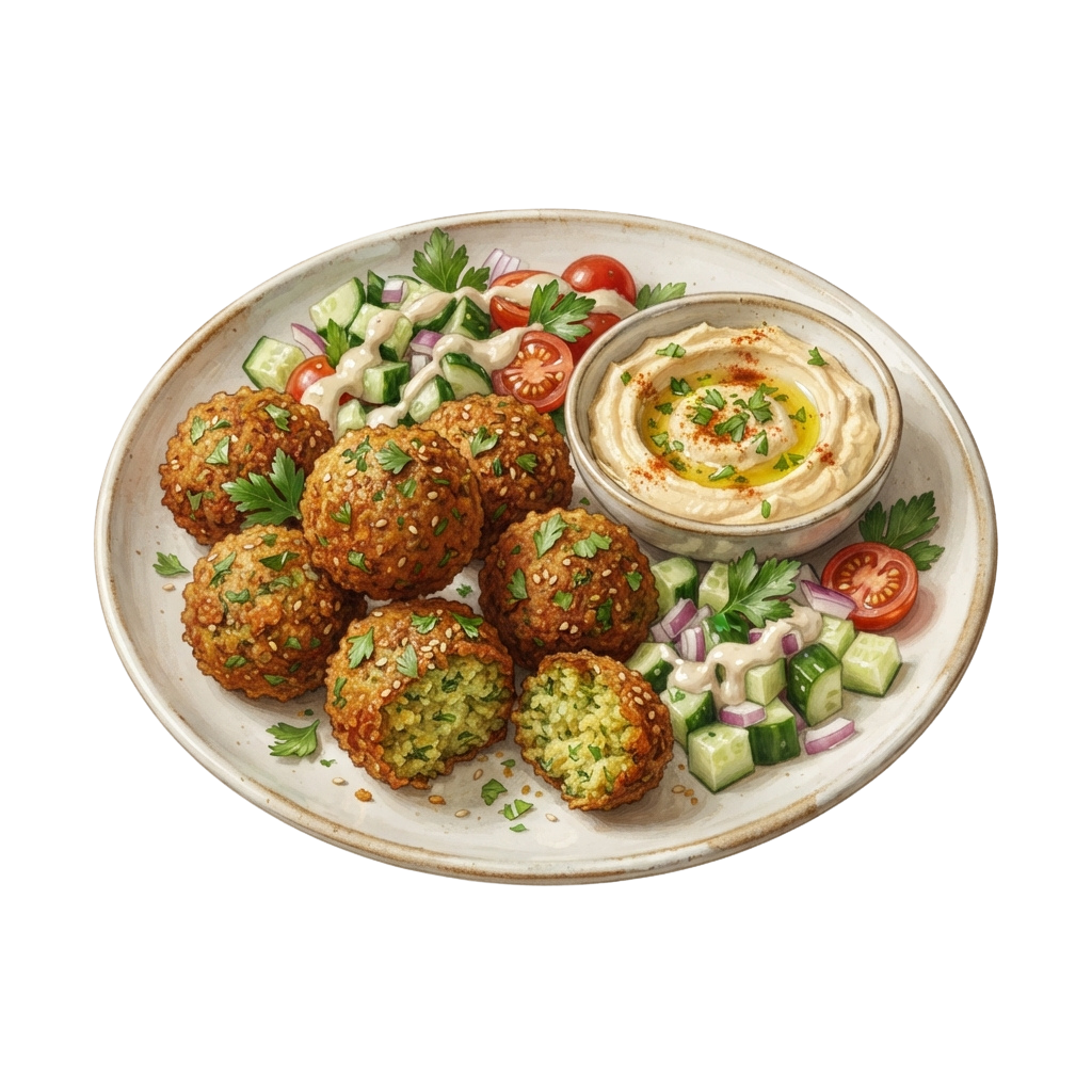 A plate of falafel balls with hummus and a fresh cucumber tomato salad garnished with parsley