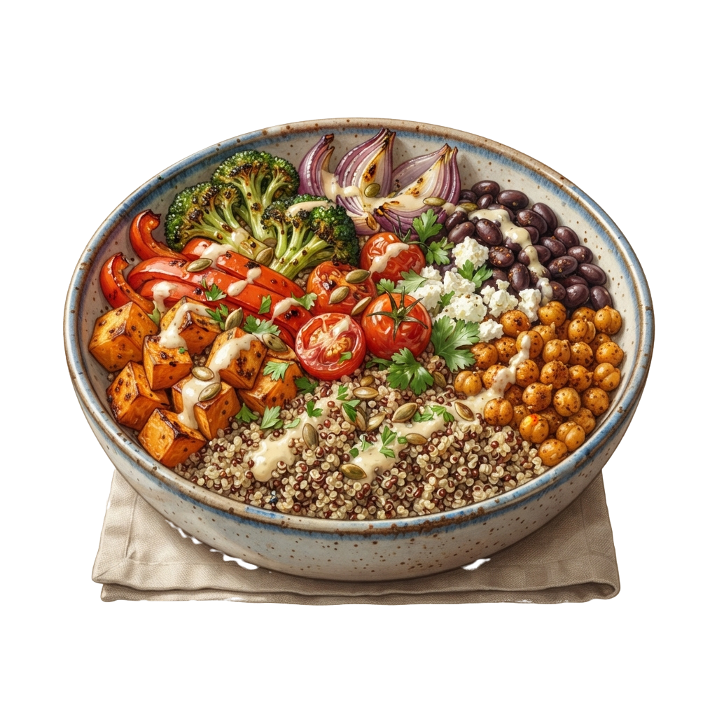 A colorful bowl filled with roasted vegetables, chickpeas, quinoa, and garnishes on a beige cloth.