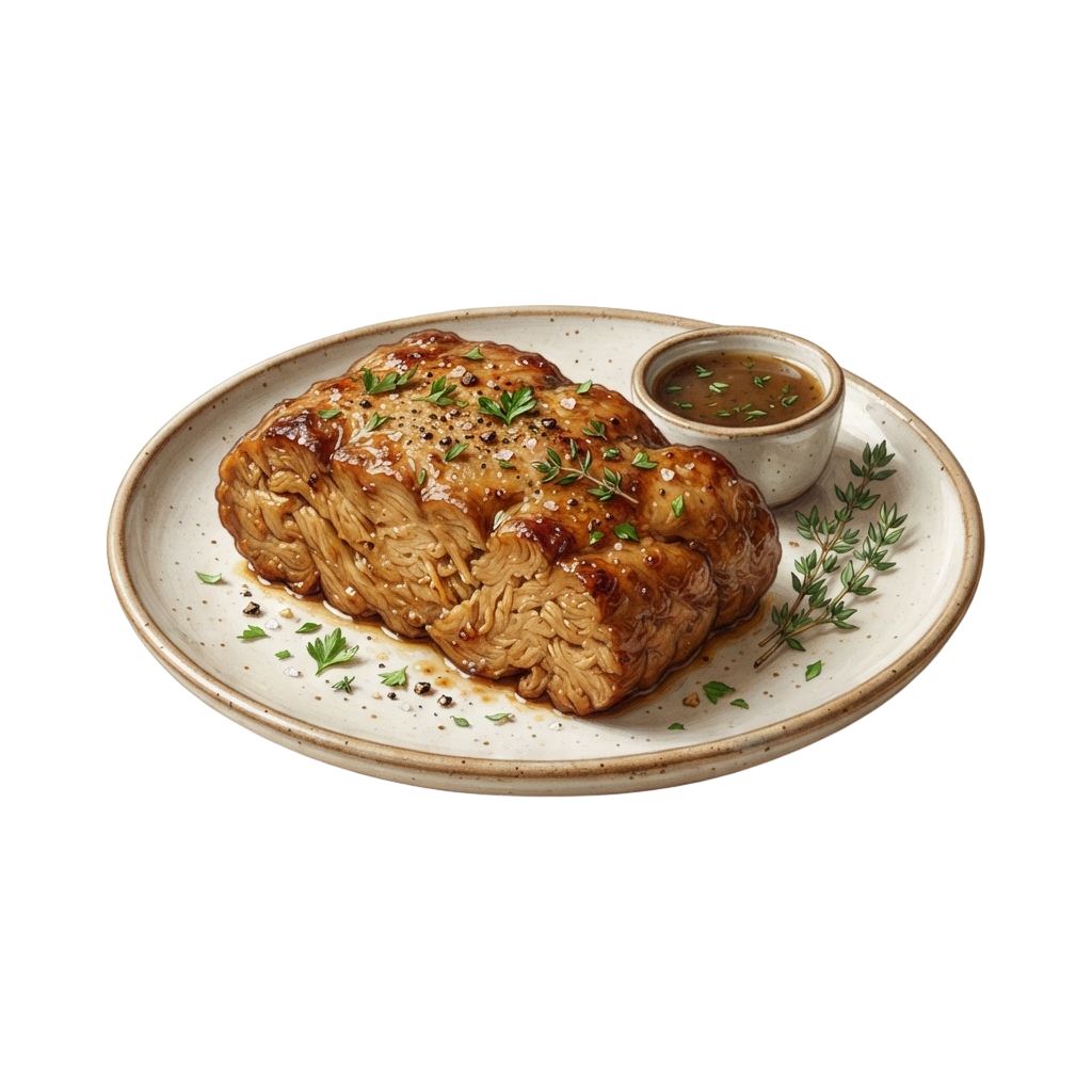 Grilled beef tenderloin with herb crust served on a white plate with a small bowl of sauce and fresh thyme garnish