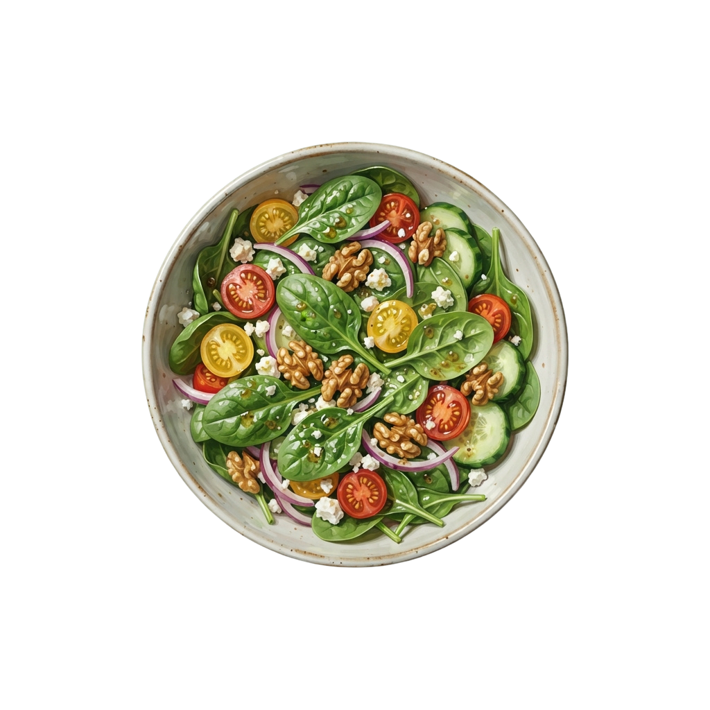A round white bowl filled with a vibrant salad of spinach, cherry tomatoes, cucumber, walnuts, and feta cheese