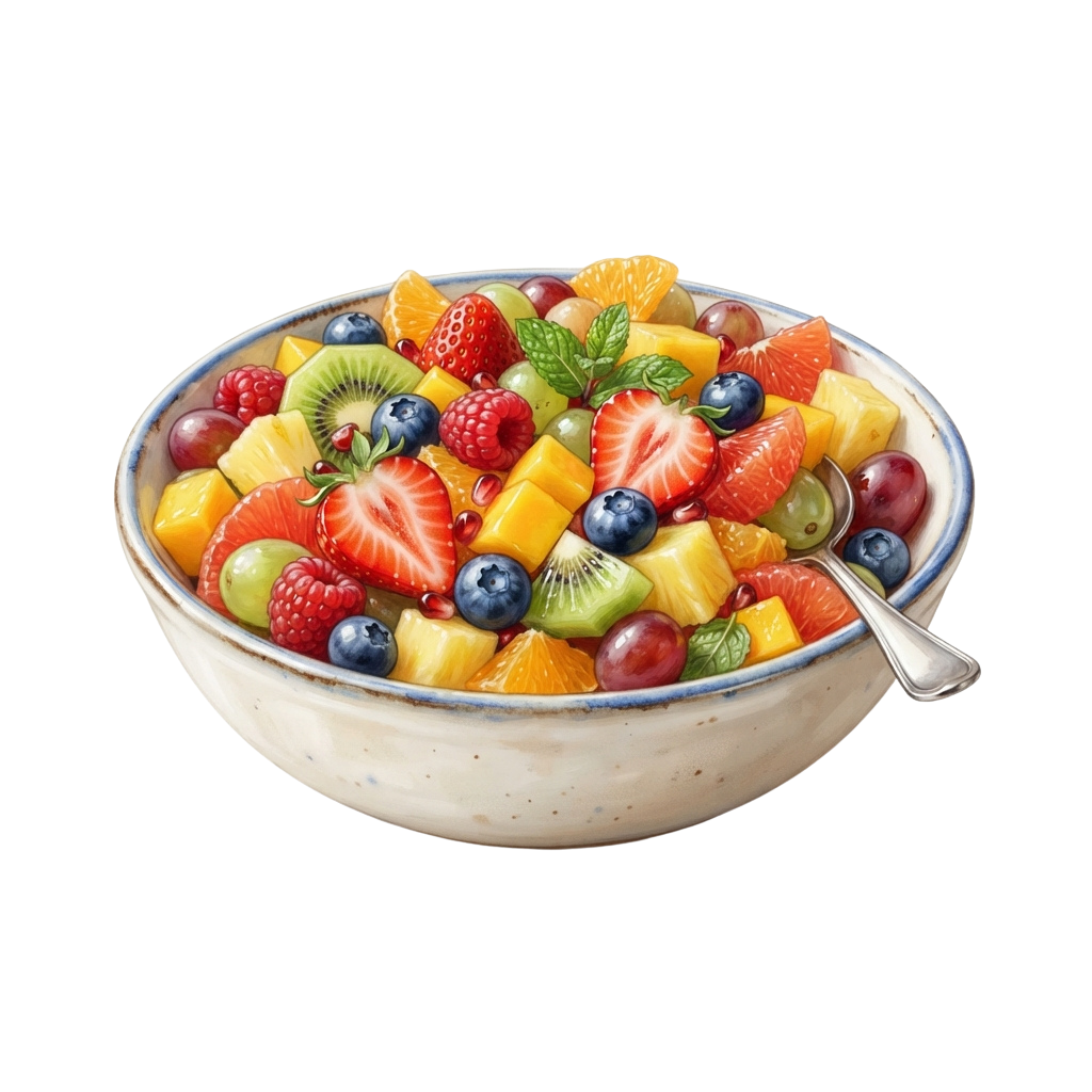 A vibrant fruit salad in a white ceramic bowl with a blue rim, featuring strawberries, blueberries, kiwi, raspberries, pineapple, grapes, and mint garnish.