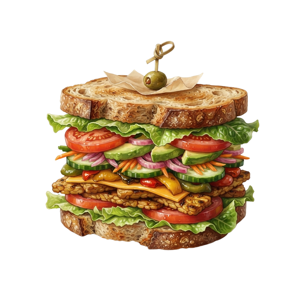 A tall club sandwich with bread, lettuce, tomato, cucumber, onion, cheese, meat, and an olive on toothpick