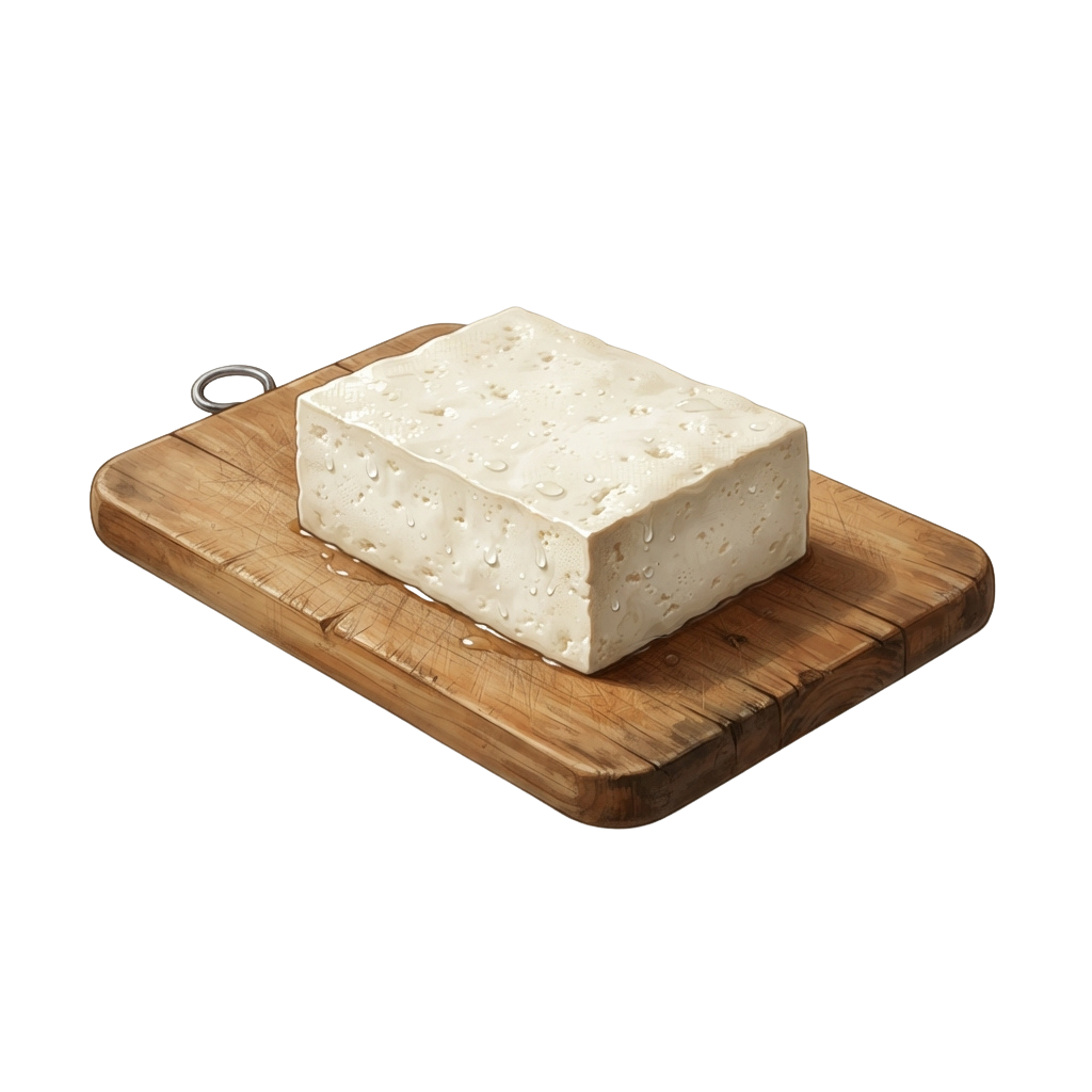 A block of white cheese placed on a wooden cutting board with a handle