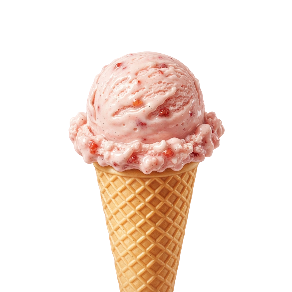 A scoop of pink strawberry ice cream in a waffle cone with swirls on top