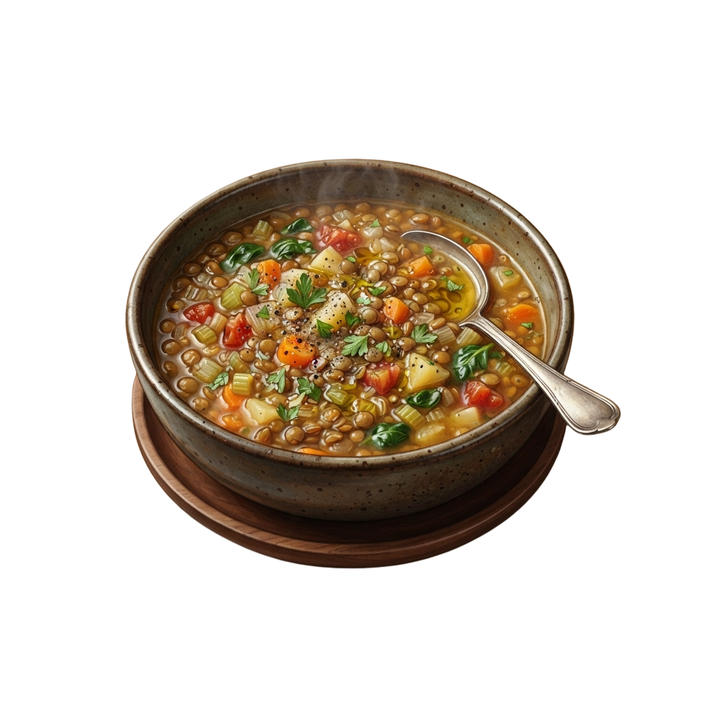 A hearty bowl of vegetable lentil soup garnished with herbs and spices, served with a spoon.