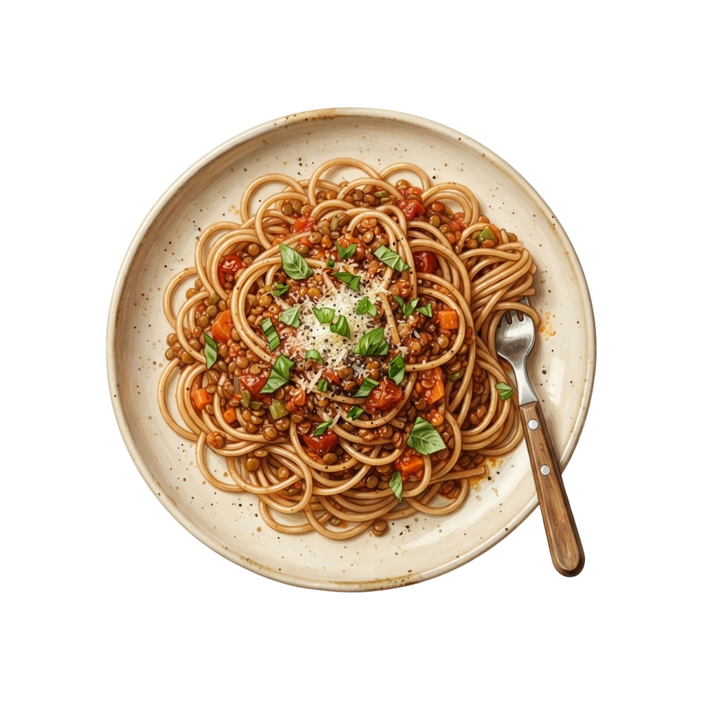 A plate of spaghetti with lentil Bolognese sauce topped with grated cheese and fresh basil leaves, served with a fork.