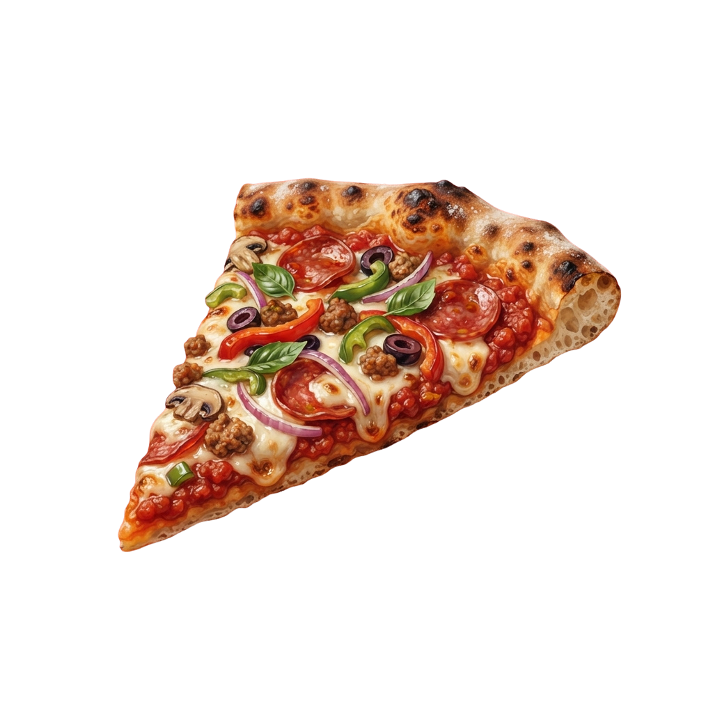 A slice of pizza topped with pepperoni, mushrooms, green peppers, onions, and basil leaves on a black background