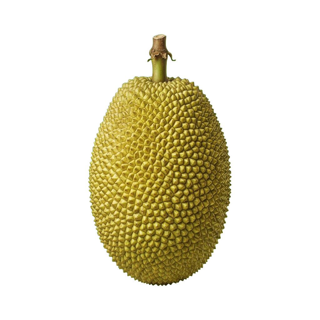 A whole durian fruit with a rough, yellow, spiky exterior and a brown stem on top against a dark background