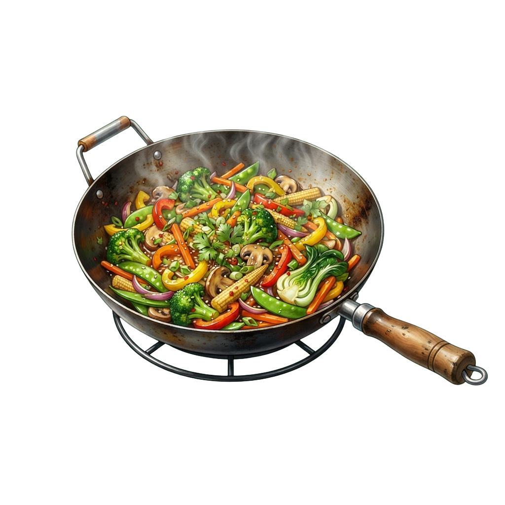 A wok filled with stir-fried colorful vegetables including broccoli, bell peppers, carrots, mushrooms, and corn