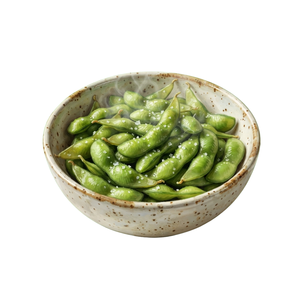 A white ceramic bowl filled with bright green edamame pods sprinkled with flaky sea salt