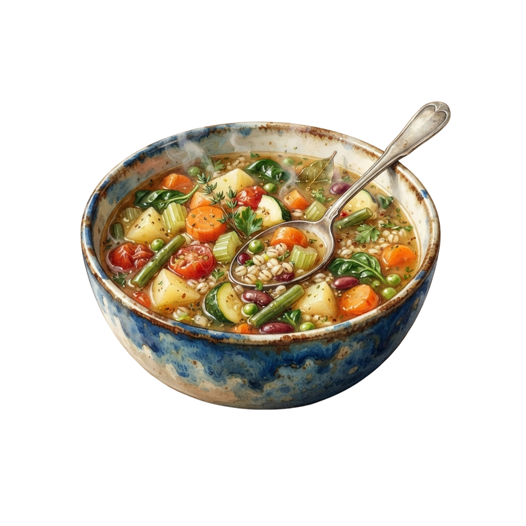 A bowl of hearty vegetable and grain soup with a spoon resting inside