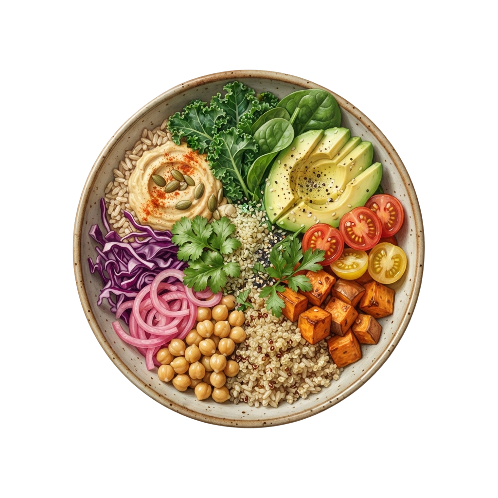 A colorful bowl filled with chickpeas, roasted sweet potatoes, avocado, hummus, grains, greens, tomatoes, red cabbage, and onions