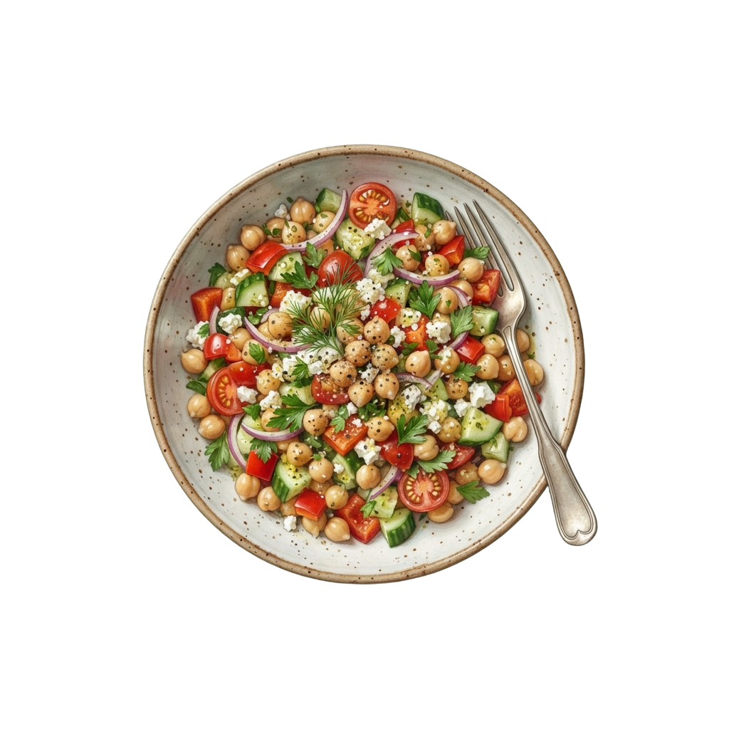 A white plate topped with a colorful chickpea salad containing tomatoes, cucumbers, red onions, and herbs.