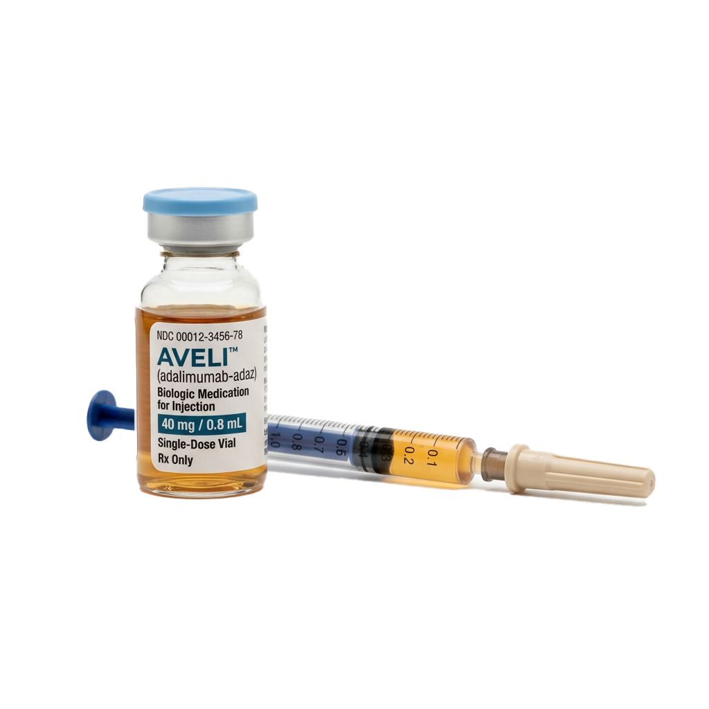 Single-dose vial and syringe of a biologic medication labeled Aveli adalimumab-adaz 40 mg 0.8 mL