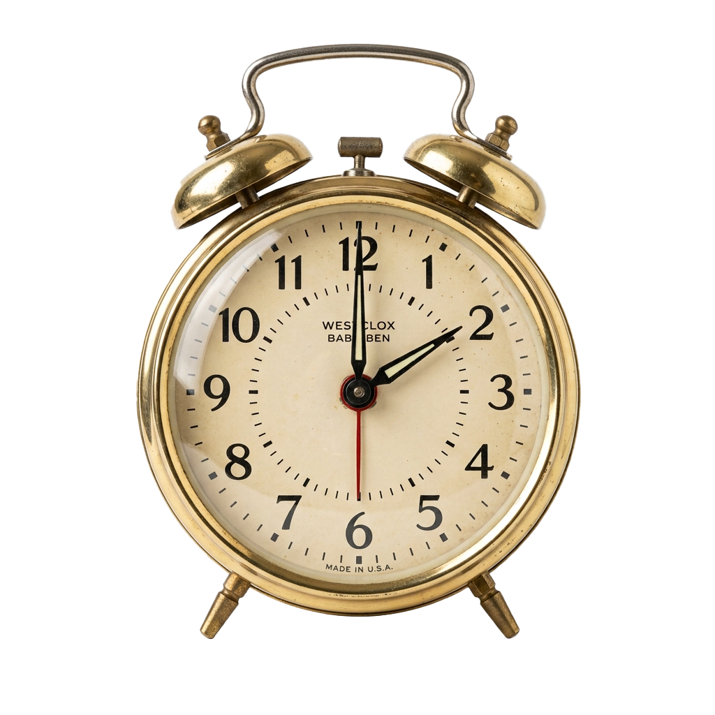 A vintage-style alarm clock with a gold-colored metal frame and white face displaying the time as 10:10.