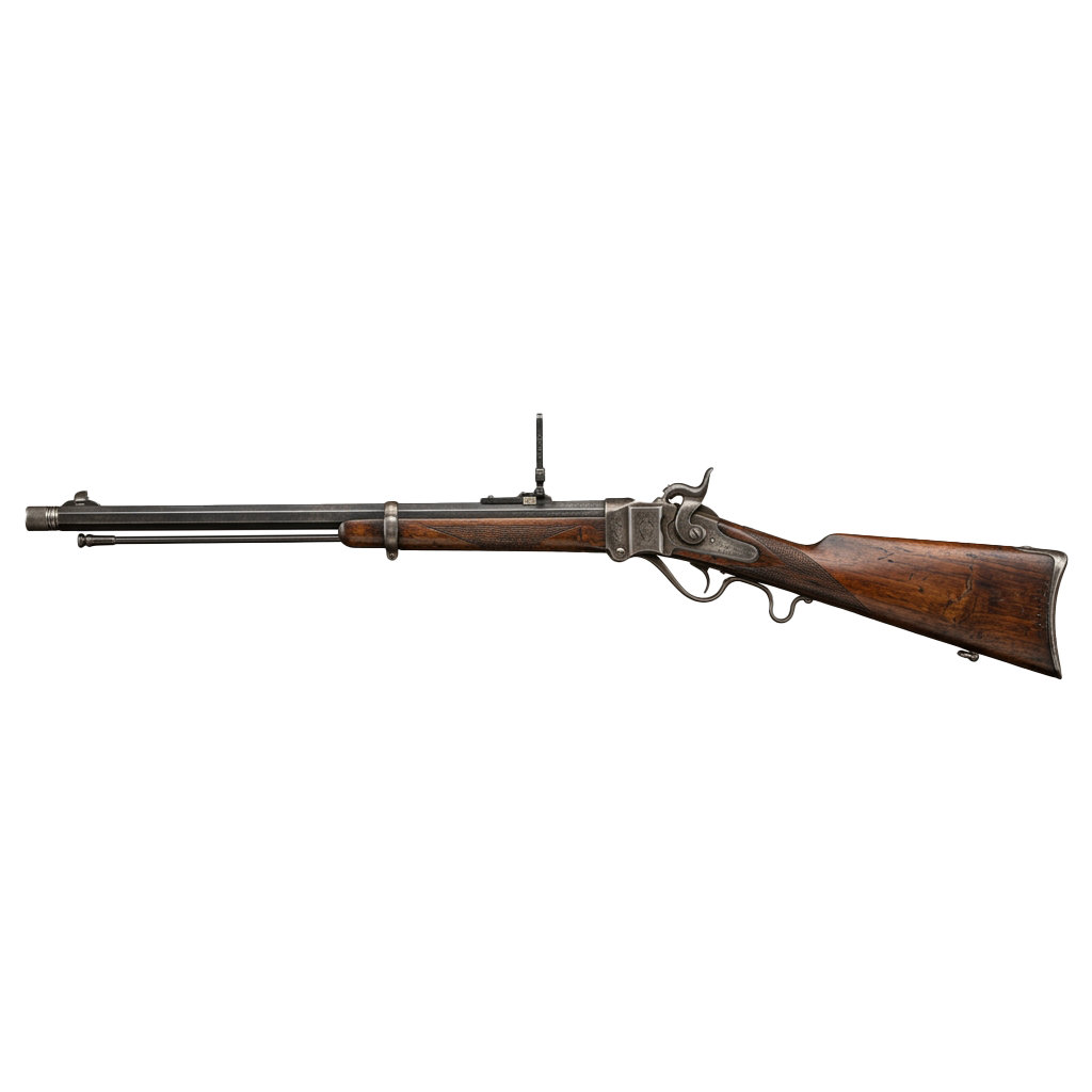 A vintage-style rifle with a wooden stock, metal barrel, and front sight.