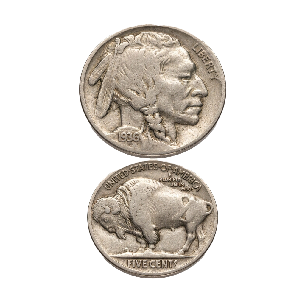 A 1936 buffalo nickel coin showing the profile of a Native American and a buffalo, obverse and reverse sides.