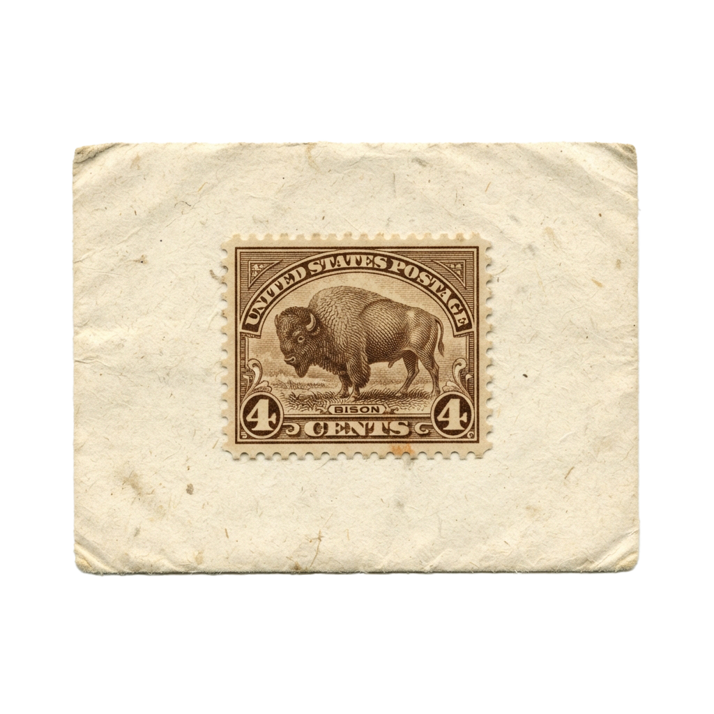 A brown vintage US postage stamp featuring a bison illustration, marked with 4 cents value.