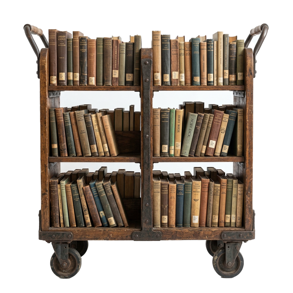 A vintage wooden mobile bookshelf filled with old books on three shelves and equipped with handles and wheels