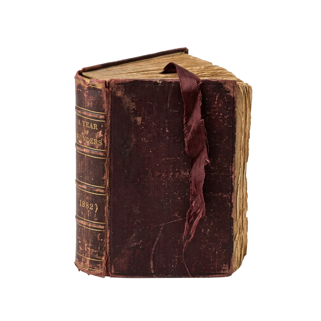 Old leather-bound book titled Year of Wonders from 1882 with a bookmark ribbon