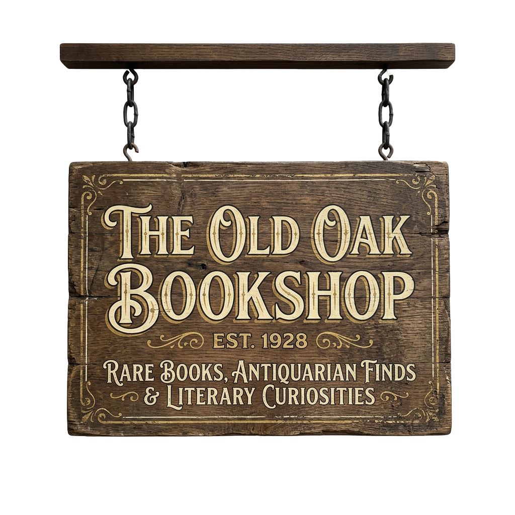 Wooden sign for a bookshop featuring antique lettering and chains, reading The Old Oak Bookshop Est. 1928 with Rare Books and Antiquarian Finds