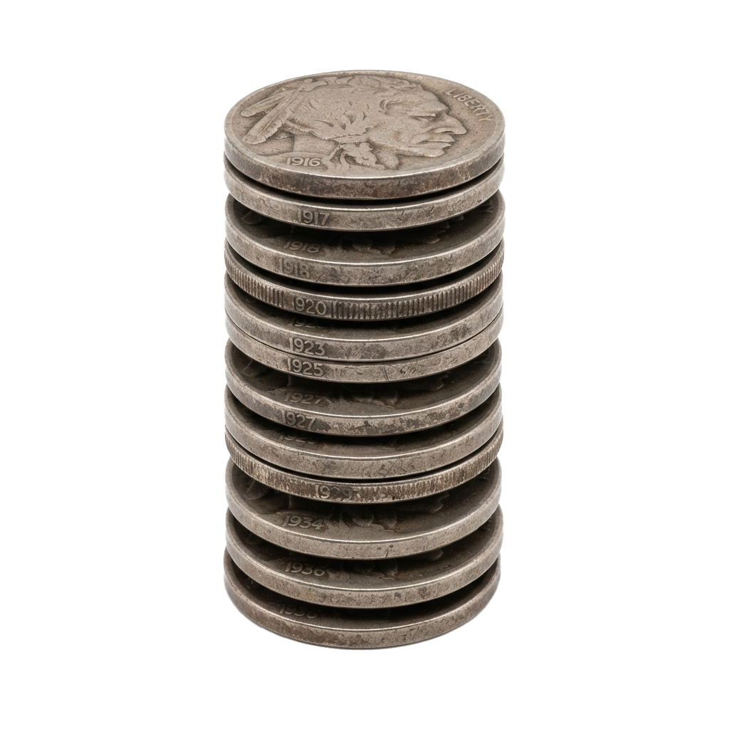Stack of old coins with years ranging from 1916 to 1956 displayed vertically