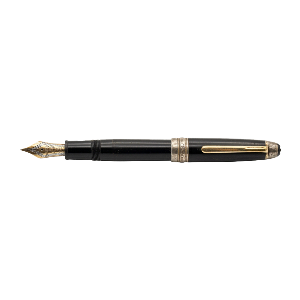 A sleek black fountain pen with a gold-tipped cap and decorative feather nib detail.