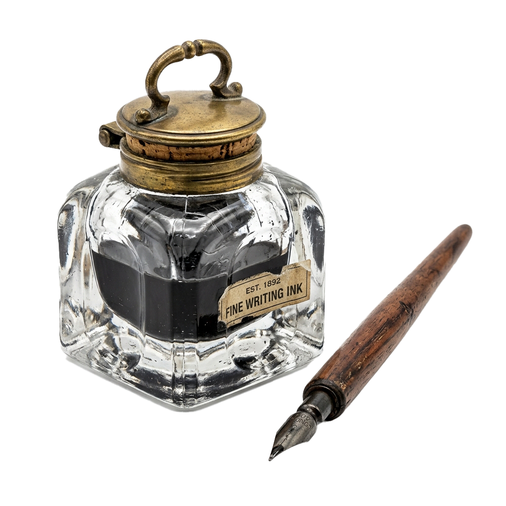 Antique glass ink bottle with a brass lid and a wooden-handled feather pen beside it