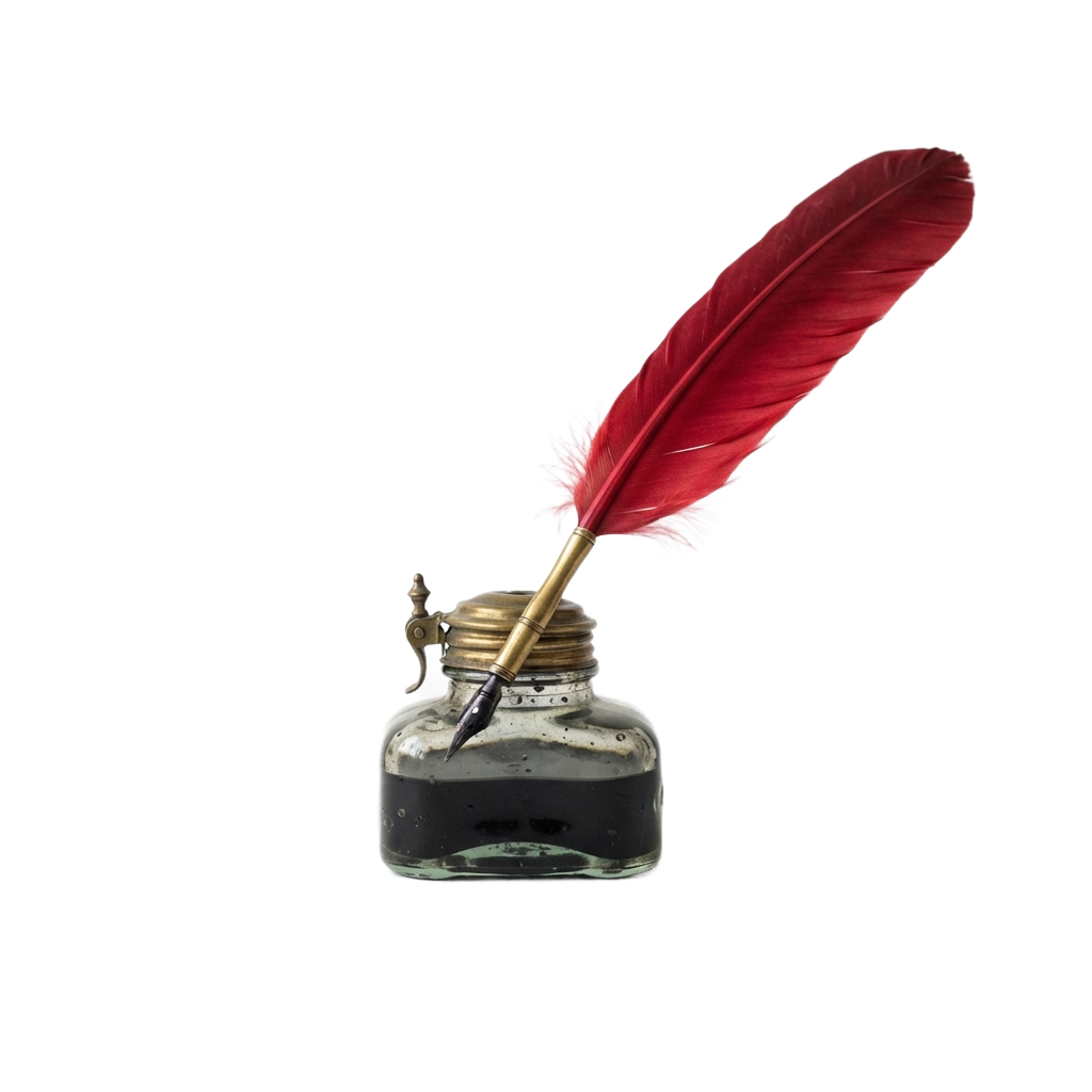 A quill pen with a red feather resting in a glass inkwell filled with ink