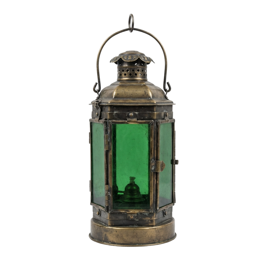 An antique brass lantern featuring green glass panels and a handle on top.