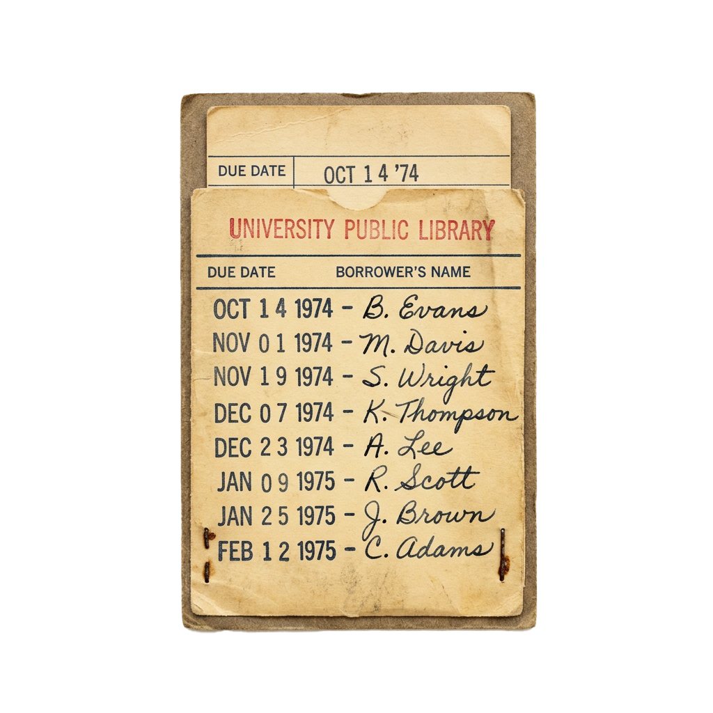 Old library card showing borrowers and due dates from 1974 to early 1975