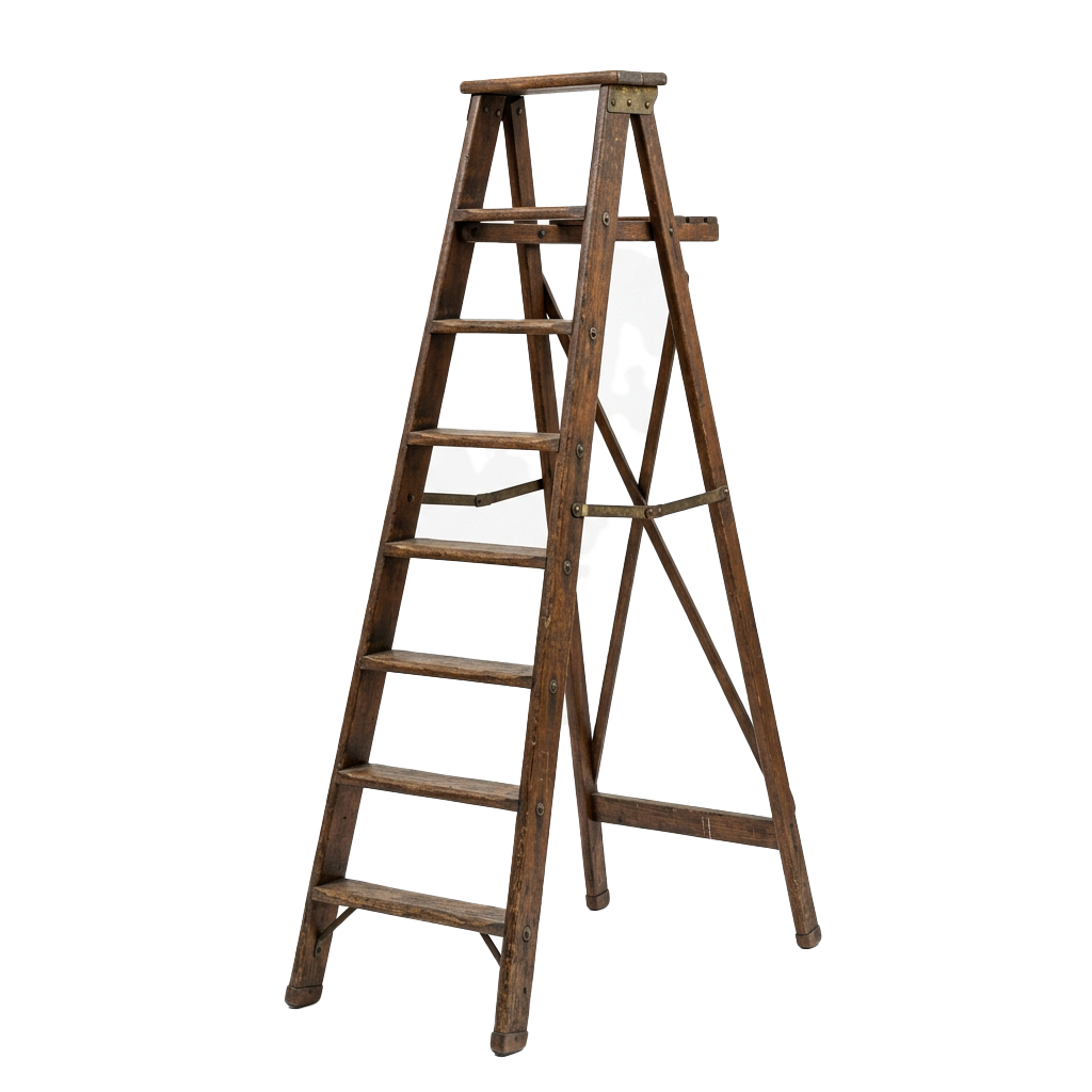 A wooden A-frame ladder with five steps and metal reinforcements on the sides, shown against a dark background
