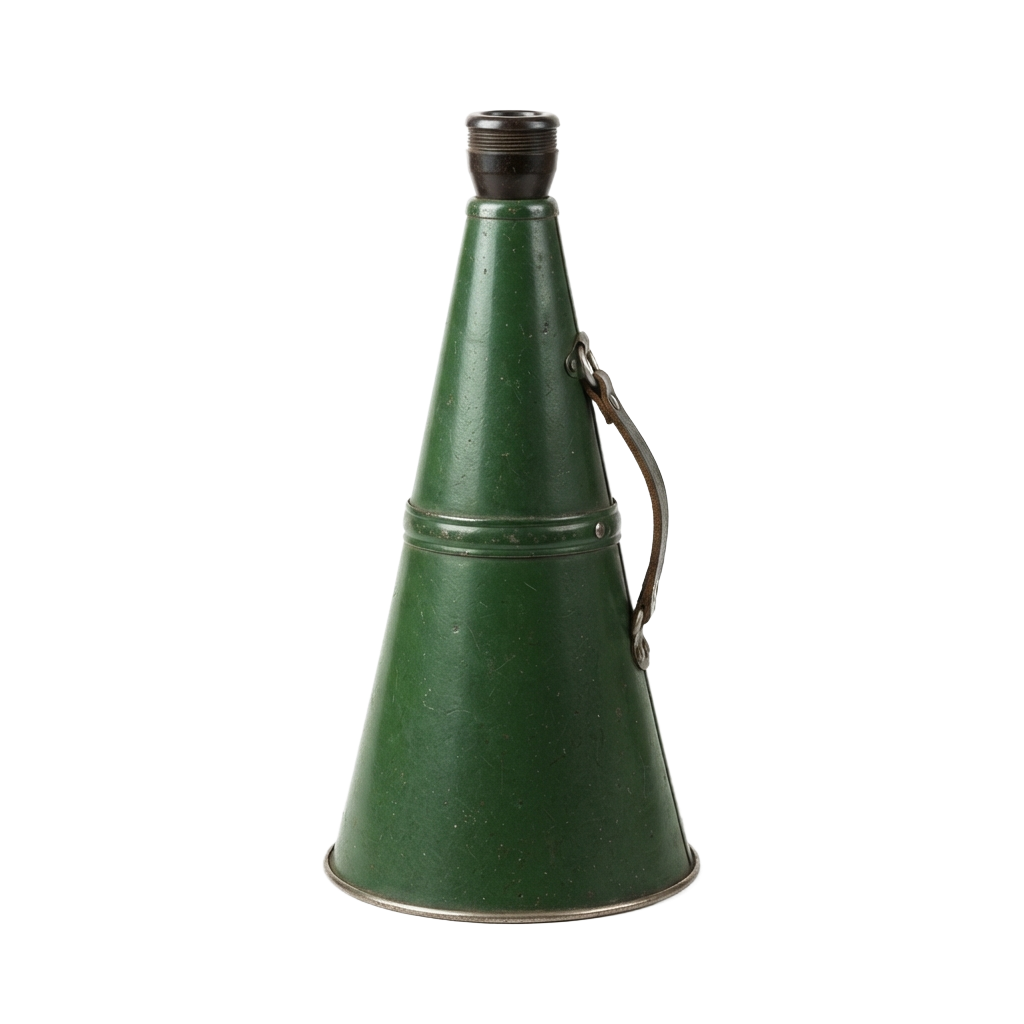 A green vintage megaphone with a metal handle and cap against a black background