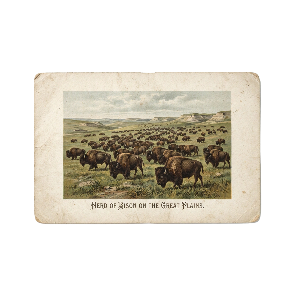Vintage illustration of a large herd of bison grazing on the Great Plains with rolling hills in the background