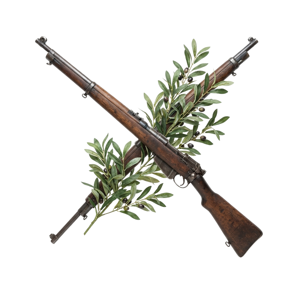 Two crossed vintage rifles with green laurel leaves intertwined between them
