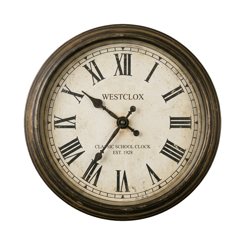 Vintage clock with Roman numerals and the words Classic School Clock Established 1928