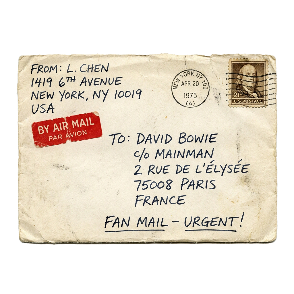 Vintage air mail envelope with a 1975 US postage stamp, marked urgent fan mail to Paris