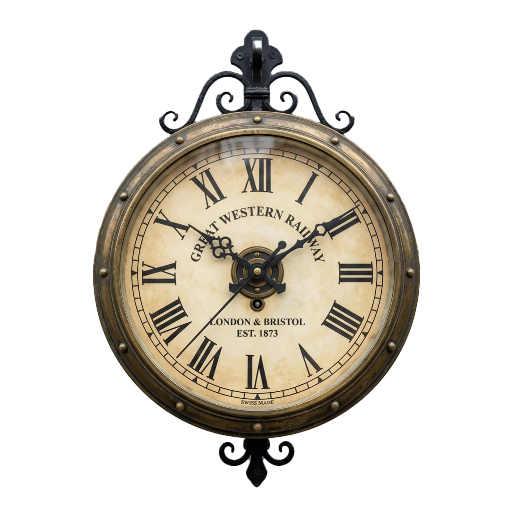 Antique-style pocket clock with Roman numerals, labeled Great Western Railway London and Bristol, Swiss Made.