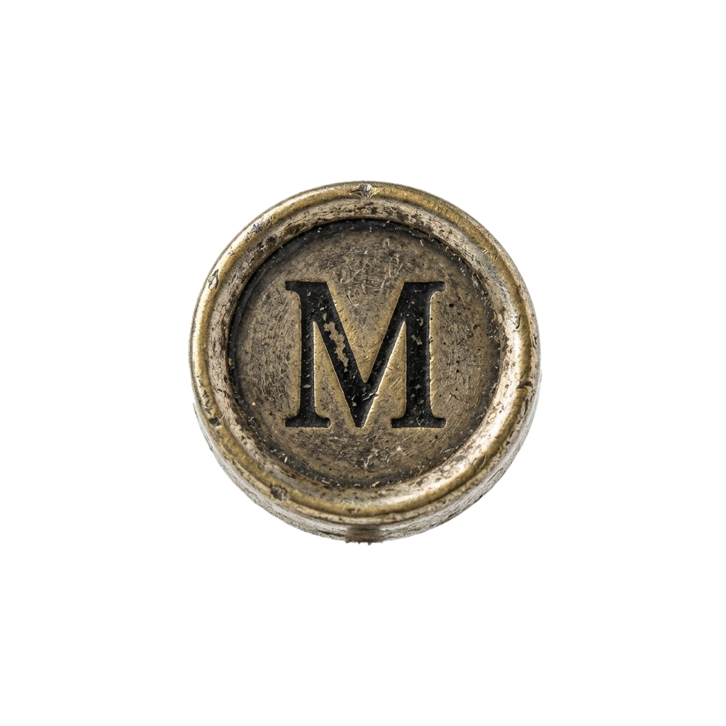 Close-up of an old brass-colored metal typewriter key with the letter M