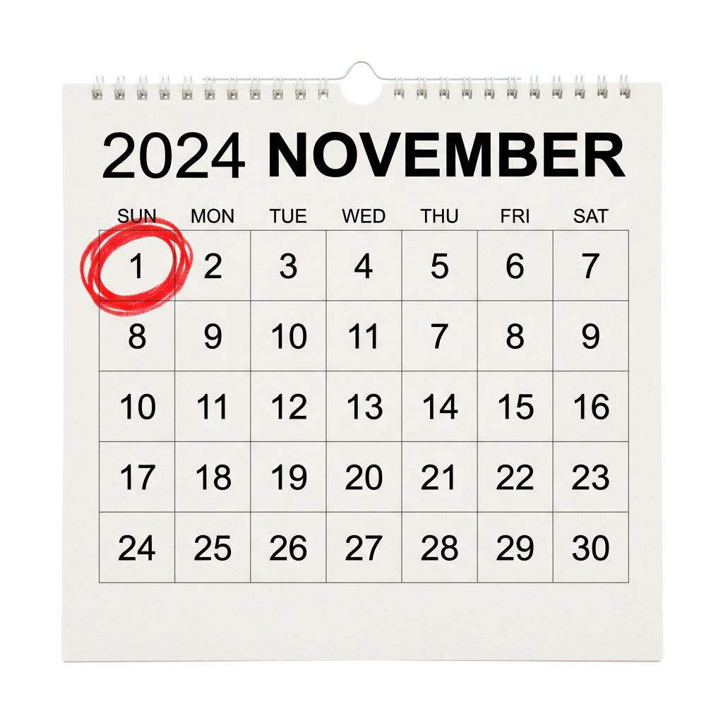 Calendar showing November 2024 with the date 1 circled in red on a Sunday