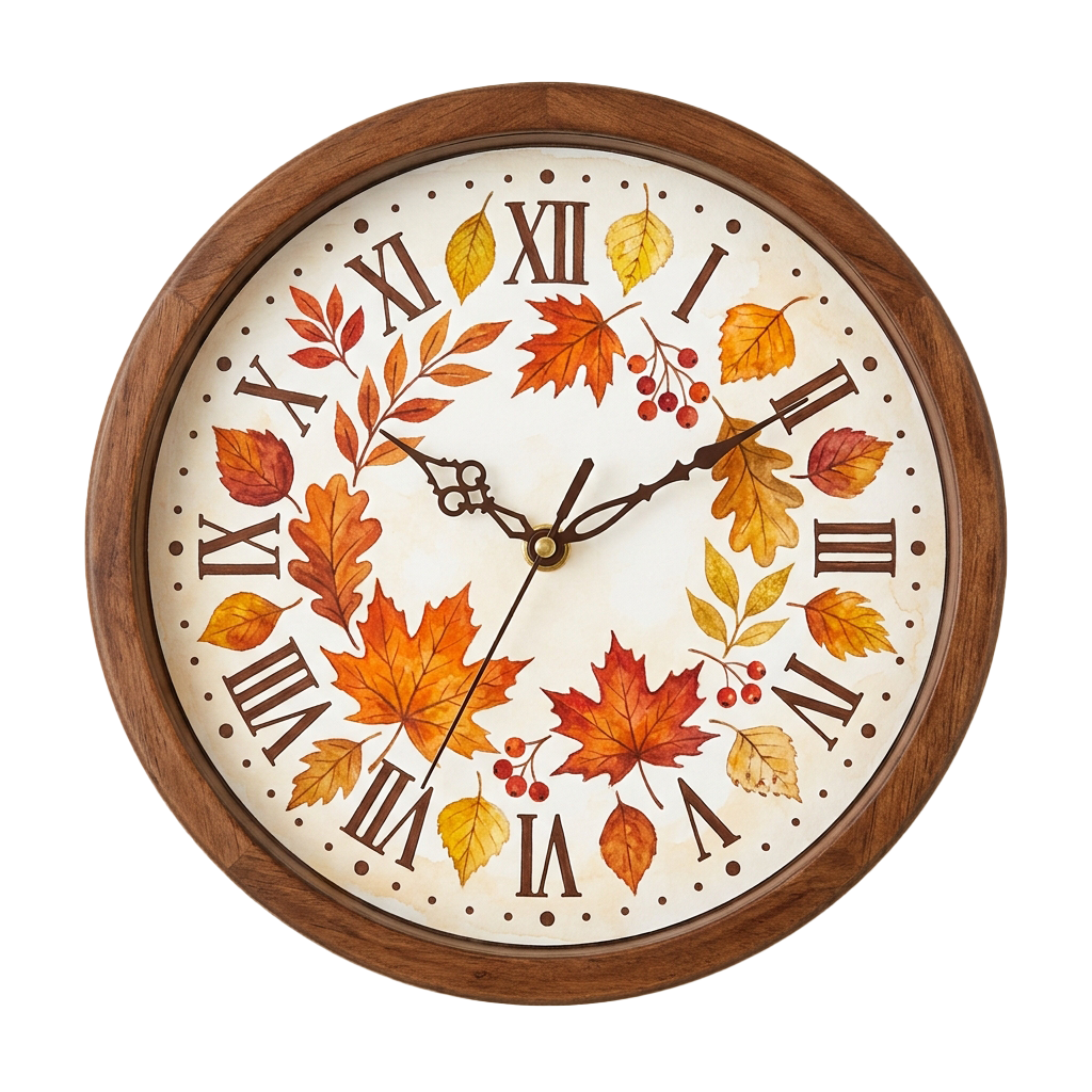 Round wooden-framed clock featuring autumn leaves and Roman numerals, showing time around 10:10.