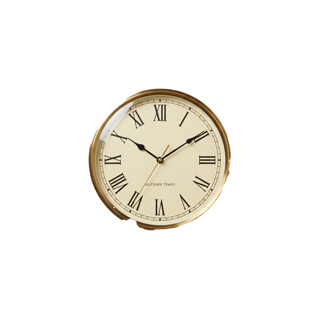A gold-framed wall clock with Roman numerals and black hands on a cream background