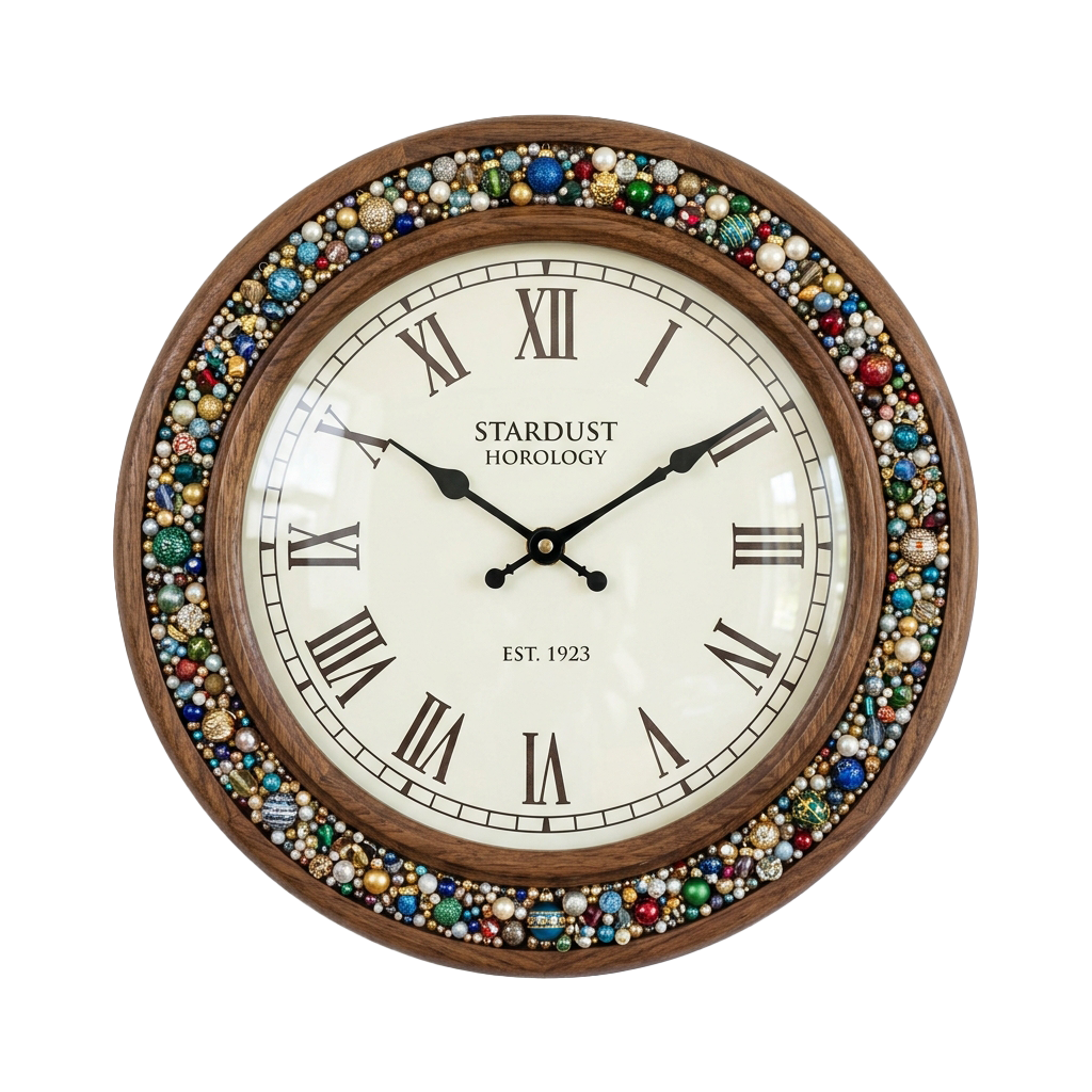 A round clock with Roman numerals, black hands, and a decorative border of colorful gemstones.