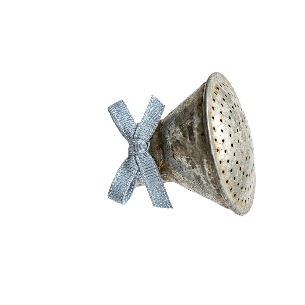 A beige megaphone with small holes tied with a light blue ribbon in an X shape against a black background