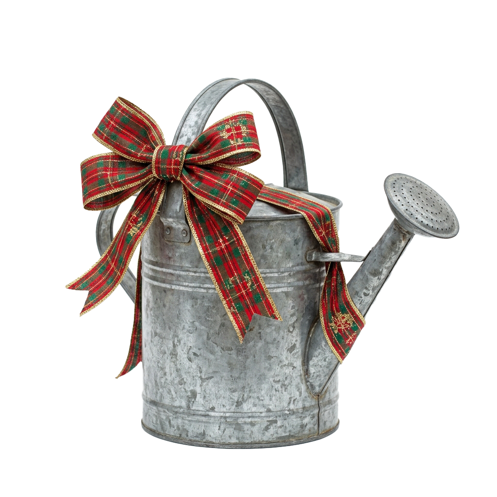 A vintage-style metal watering can adorned with a red plaid ribbon bow featuring gold accents