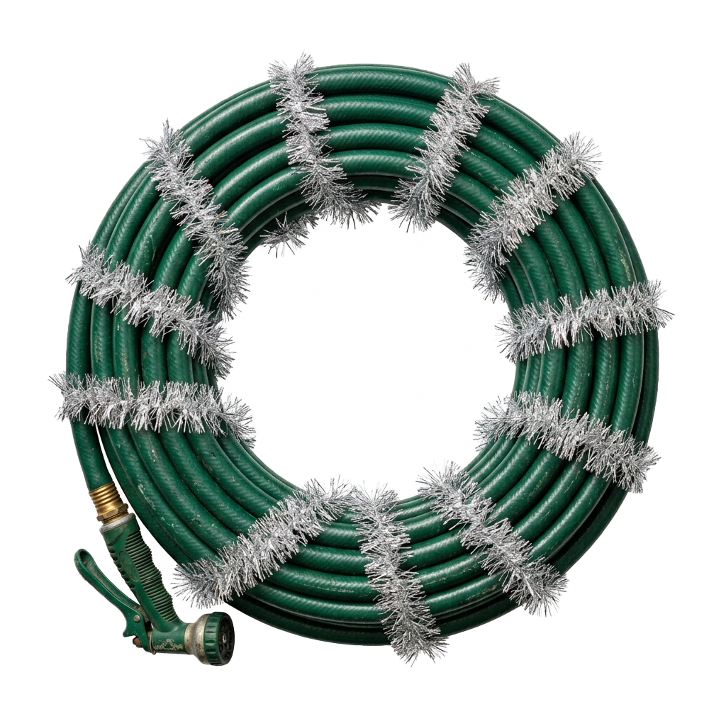 A coiled green garden hose with white frosting and a spray nozzle attached at the end